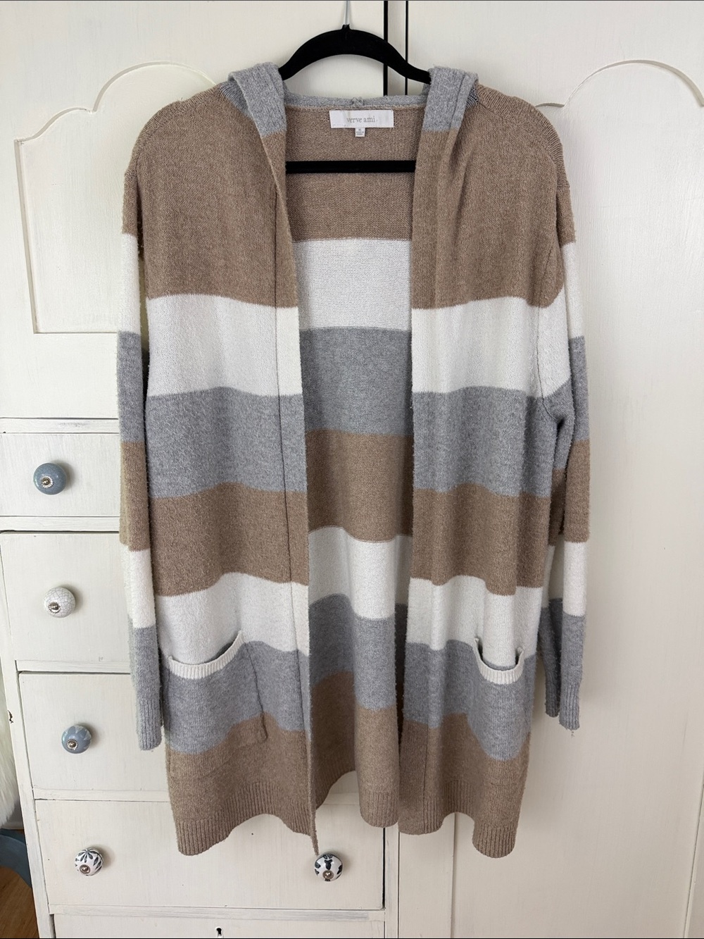 Verve Ami Striped Hooded Open Cardigan in Taupe, Gray & White XL